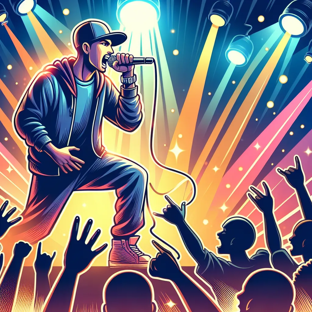 Illustration of a rapper on stage, passionately performing with a microphone, surrounded by vibrant lights and an enthusiastic crowd.