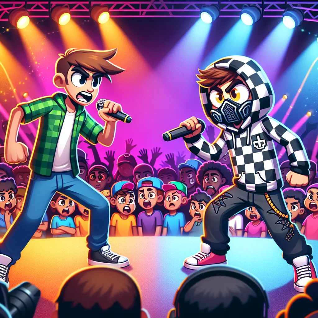 Illustration of a dynamic rap battle scene between two animated characters, Alan Becker and Zebra Gamer, set on a vibrant stage filled with excited fans and colorful lights.