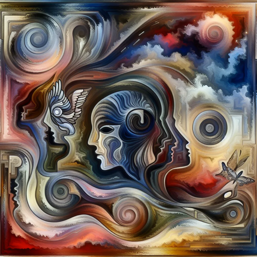 Transformation, Fizzarolli, Identity, Amnesia, Reality in an abstract style