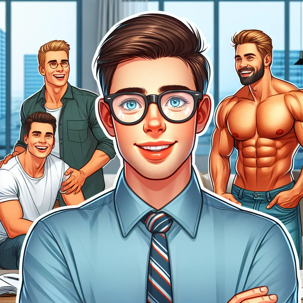 Claro, aquí tienes una breve descripción para una imagen que podría acompañar esa historia:

Ilustración de un joven nerd con gafas, rodeado de sus nuevos amigos populares en un lujoso apartamento, mientras un muscular hombre sonríe cariñosamente al fondo, representando su nueva relación como padre.