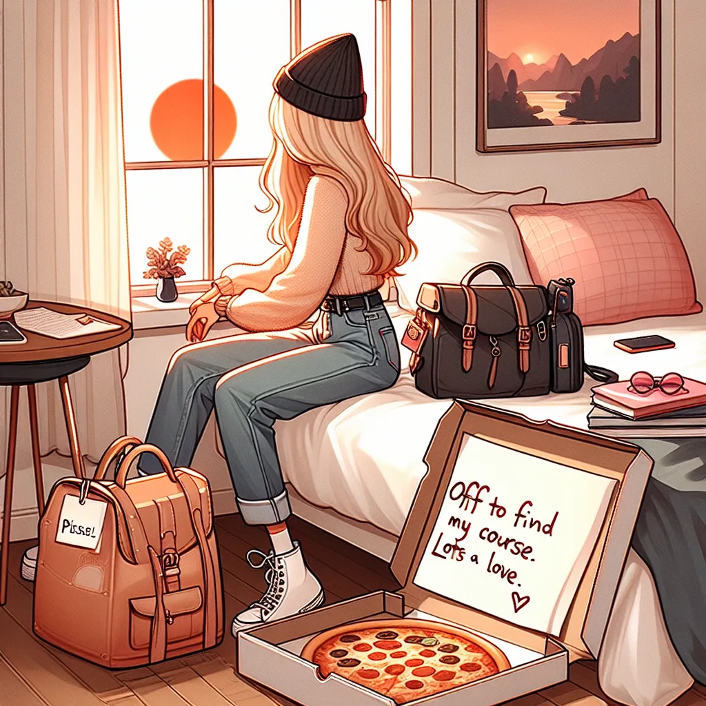 Illustration of Bratz Chloe packing her stylish bags in a cozy room, with a pizza box in the corner. A note lies on the bed that reads, "I need to find my path. Love you all, Chloe." Outside the window, a sunset symbolizes new beginnings.