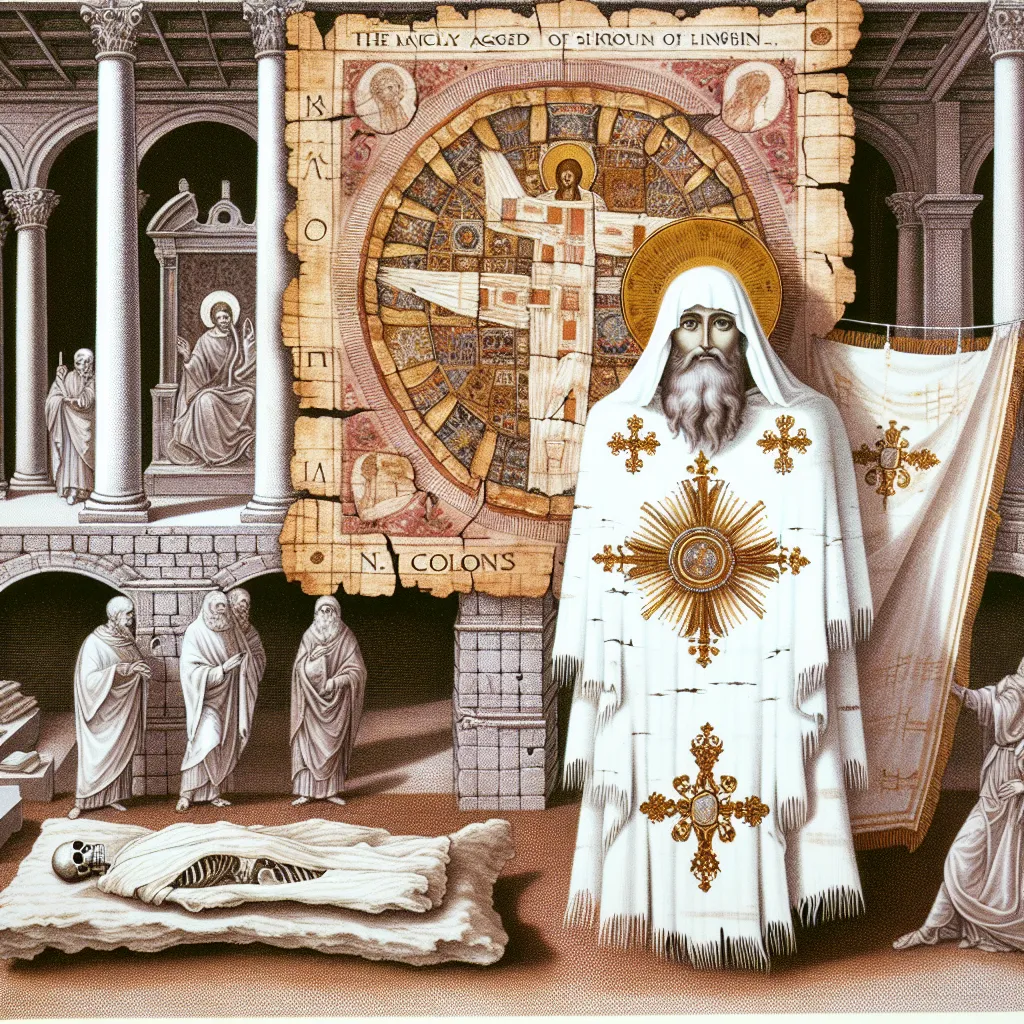 A historical illustration depicting early Christian artifacts, such as the Shroud of Turin and a representation of St. Peter's bones, set in an ancient church environment.