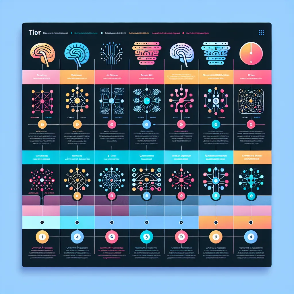 Инфографика с тир-листом, где различные нейронные сети представлены в виде иконок, каждая с кратким описанием их особенностей и применения.