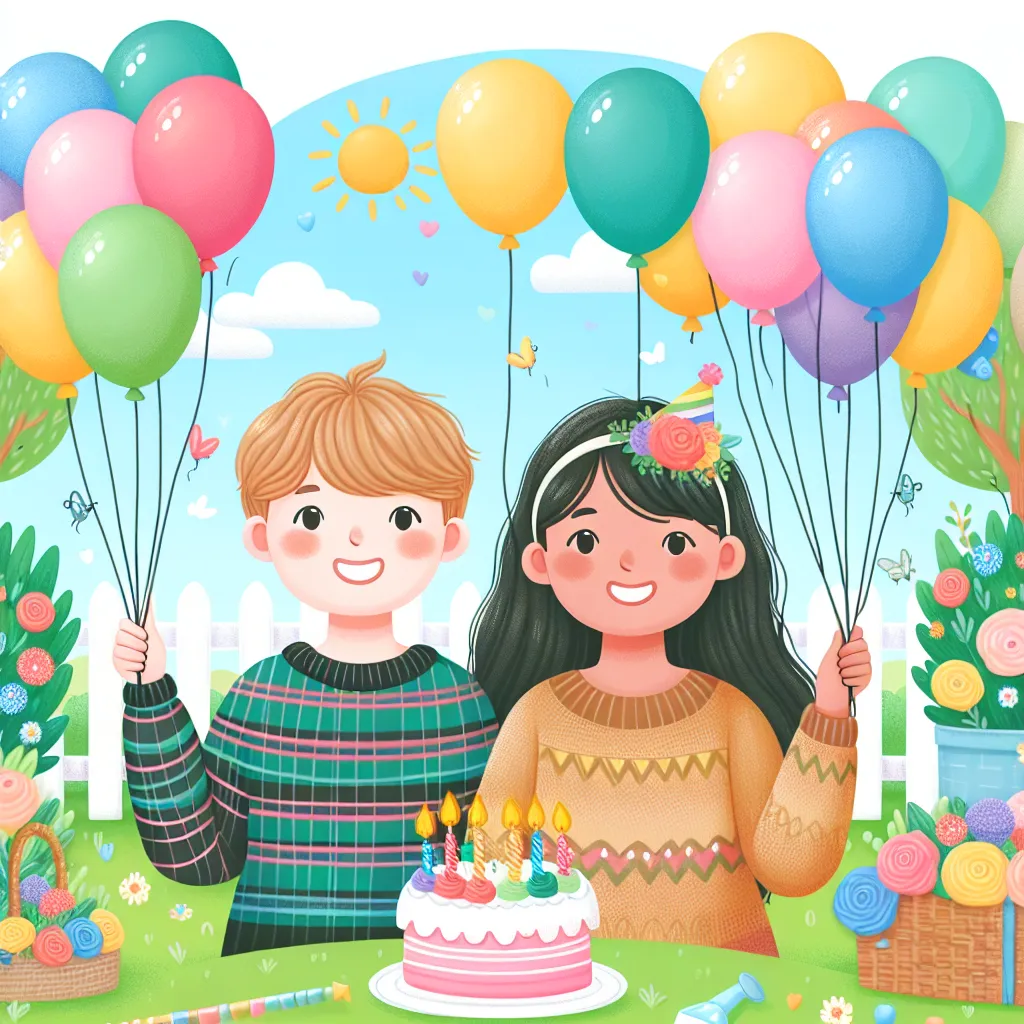 A cozy illustration of two friends celebrating a birthday with colorful balloons, cake, and warm smiles, surrounded by a vibrant garden under a sunny sky.