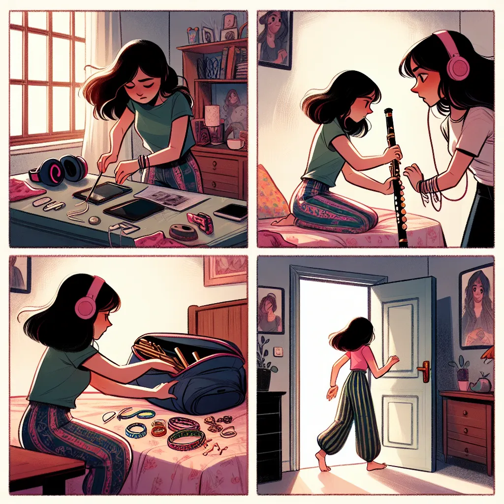 The scene depicts Musa packing her belongings in her room, surrounded by headphones, her flute, and various bracelets. Aisha enters, looking concerned.

**Aisha:** "Why are you packing?"

**Musa:** "I'm leaving. My studies at Alfei are over."

**Aisha:** "What do you mean? Why?"

**Musa:** "I'm tired of you constantly controlling me. You tried to create issues with Riven, and I thought we were friends, but I've realized I was wrong. You impose your interests on everyone and criticize others, lik