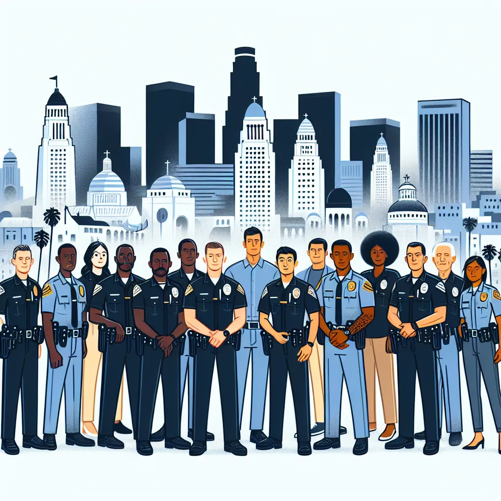 Illustration of a diverse group of LAPD officers standing together in front of iconic Los Angeles landmarks, symbolizing unity and community service.