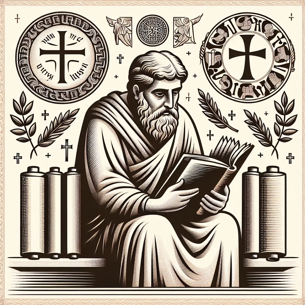 Illustration of an ancient scholar studying scrolls of the Gospels and Homer, surrounded by symbols of both texts, like a laurel wreath and a cross.