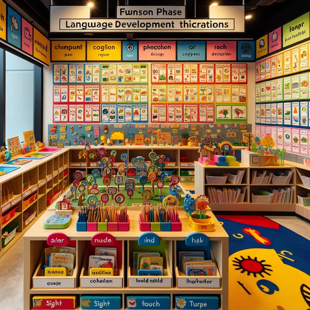 Image of a colorful classroom filled with labeled objects, educational posters, and children's books, designed to enhance language development in Foundation Phase learners.