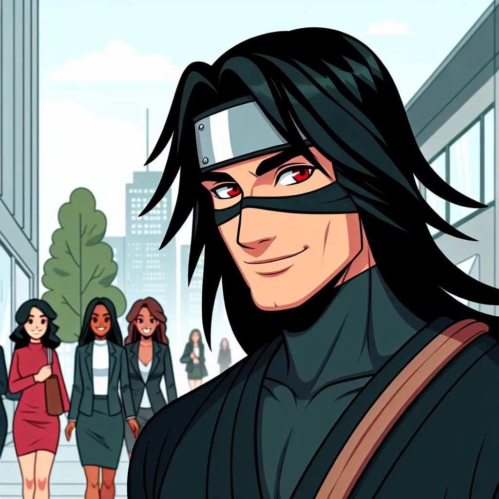 Ilustrasi Itachi dengan pakaian dan gaya rambut mirip Kurenai, berjalan di jalan kota dengan percaya diri sambil menarik perhatian penggemar.