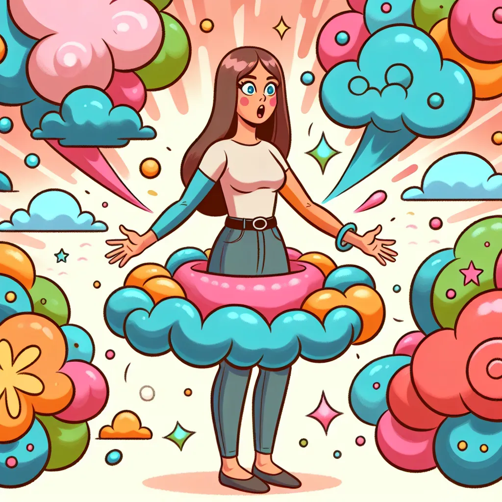 Illustration of a girl with a surprised expression, gradually inflating like a balloon, surrounded by whimsical, colorful clouds.