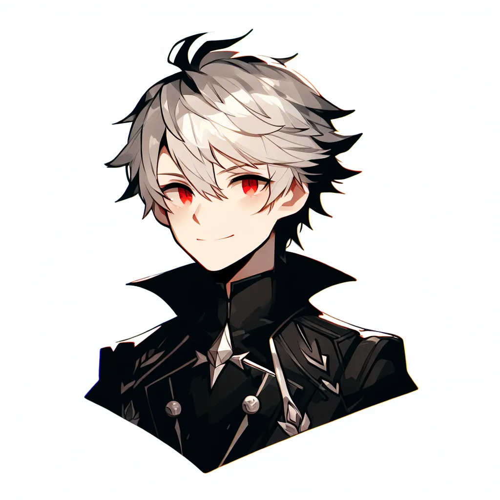 Illustration of a character with short, spiky silver hair, wearing a black outfit with a distinctive collar, and prominent red eyes, showcasing a confident expression.