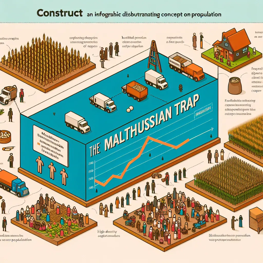 Infographic illustrating the Malthusian Trap, featuring a graph of population growth vs. food supply, with images of crops and crowded living conditions.