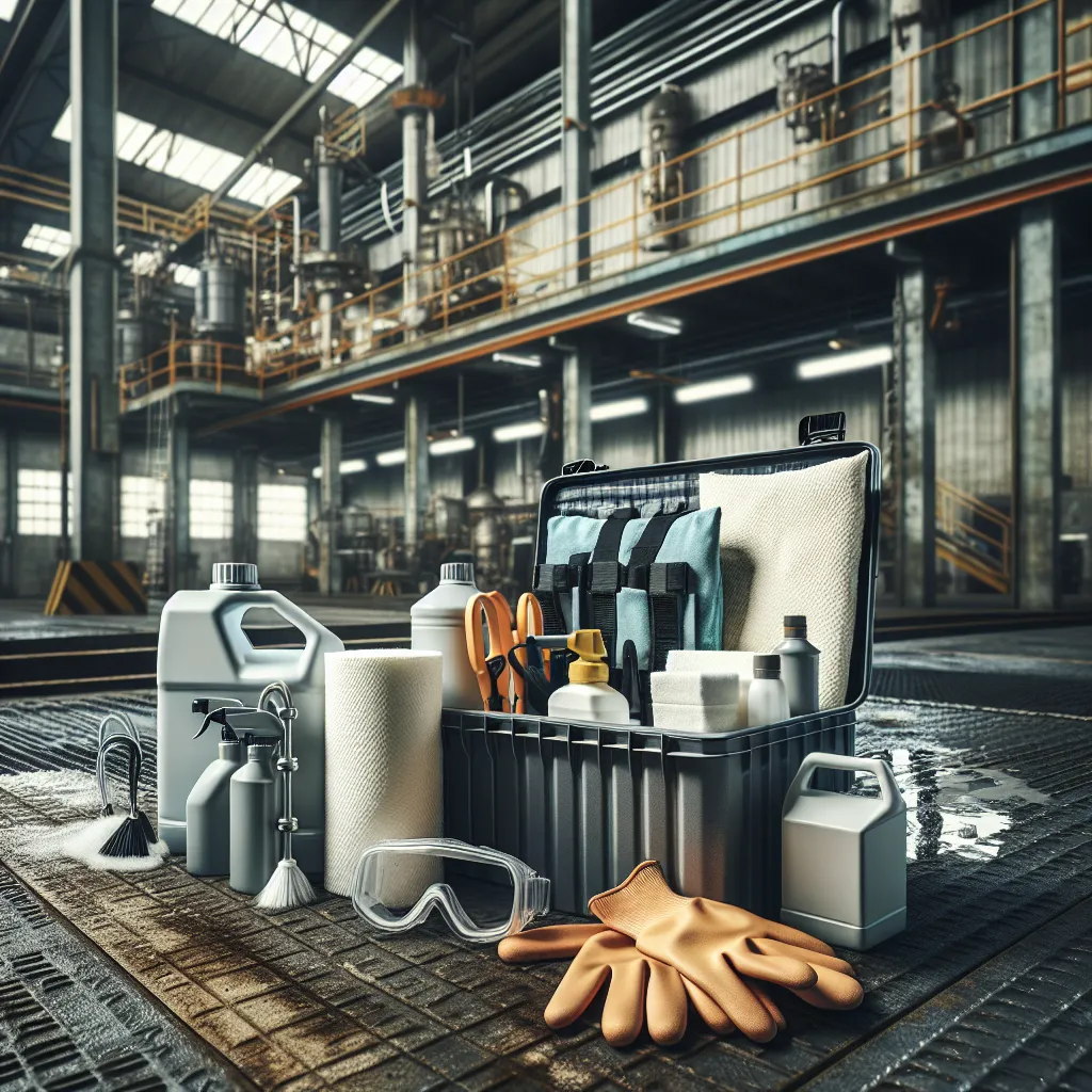 Image of a spill cleanup kit in an industrial setting, featuring various tools and safety gear for effective spill management.