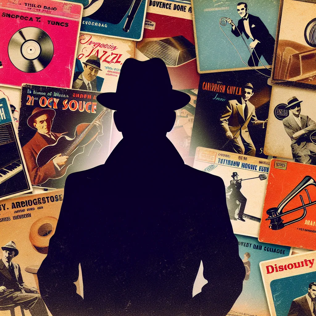 Collage of music album covers featuring upbeat jazz and lively swing tunes, with a shadowy figure reminiscent of a character like Alastor in the background.