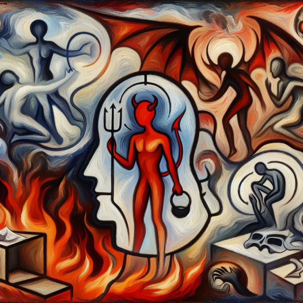 Transformation, Fizzarolli, Imp, Identity, Hell in an abstract style