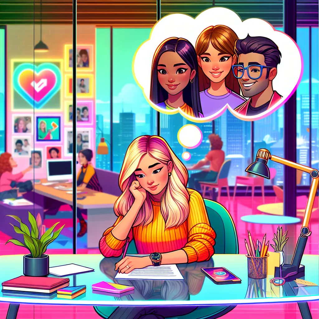 **Image Description**: A vibrant animated scene depicting Chloe from Bratz sitting at a stylish desk, holding a document with a look of contemplation on her face. In the background, the director stands with an encouraging smile. A thought bubble shows her pondering over her friends, Sasha, Jade, and Yasmin. The setting is bright and colorful, reflecting the energetic and fashionable world of Bratz.