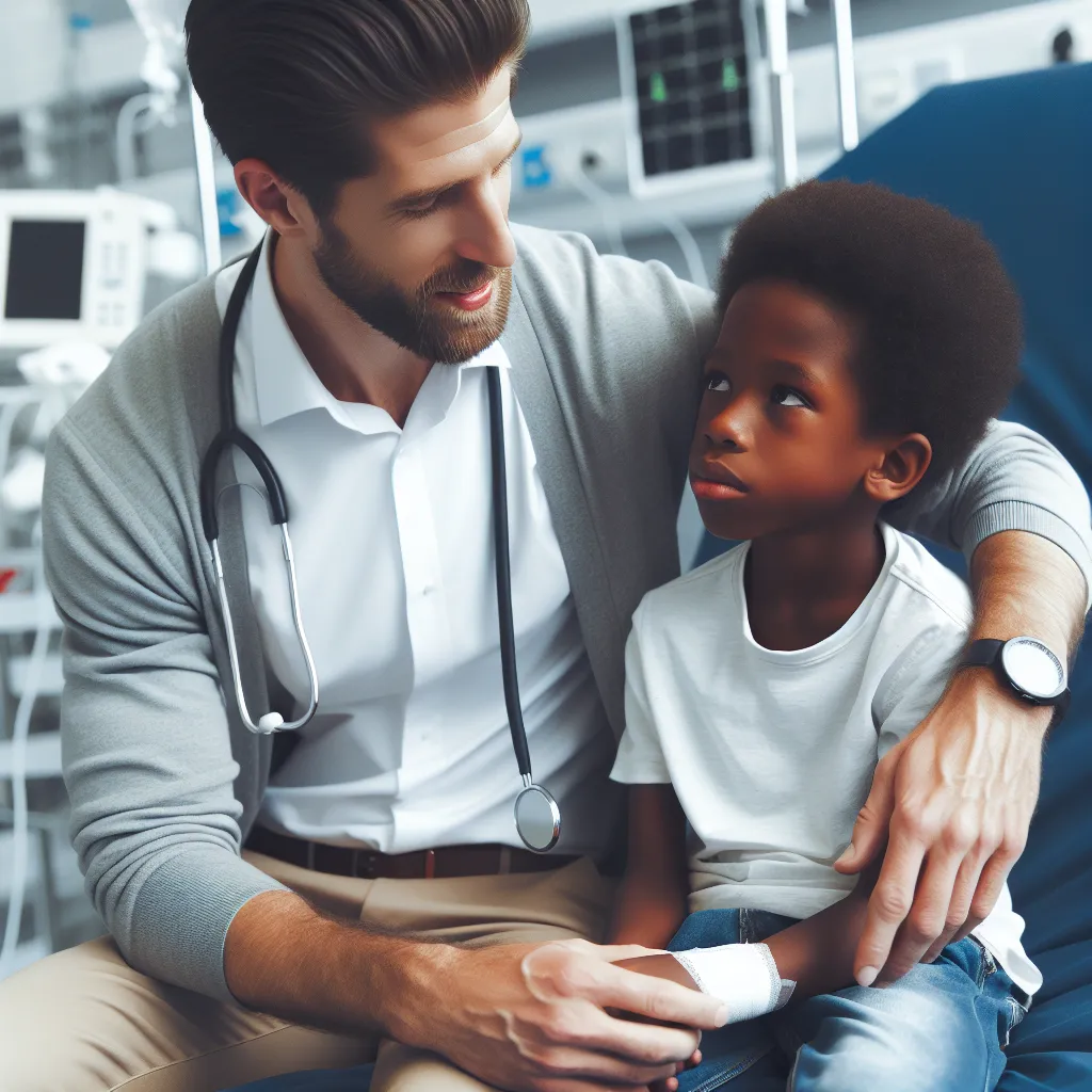 Imagen de un entrenador y un joven en un hospital, donde el adulto muestra una expresión de preocupación y el joven parece frágil pero aliviado.