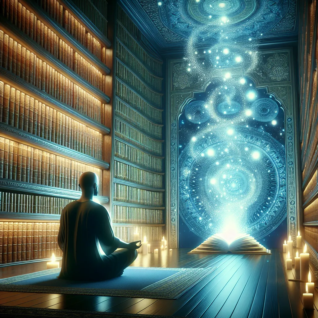 Illustration of a serene, mystical library filled with glowing books, symbolizing the Akashic records, with a figure meditating nearby.