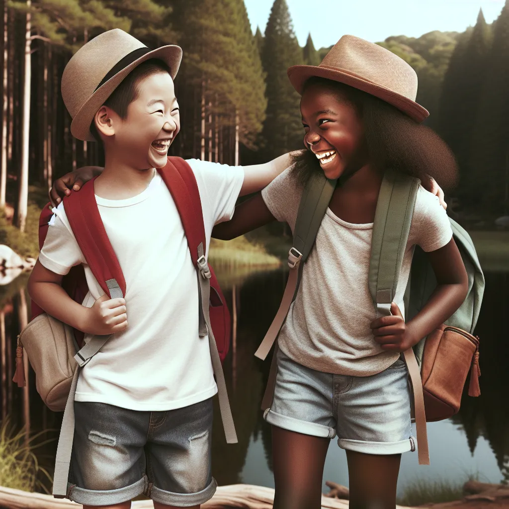 Illustration of a boy and a girl laughing together by a lakeside, swapping hats and backpacks, hinting at their playful identity swap at camp.