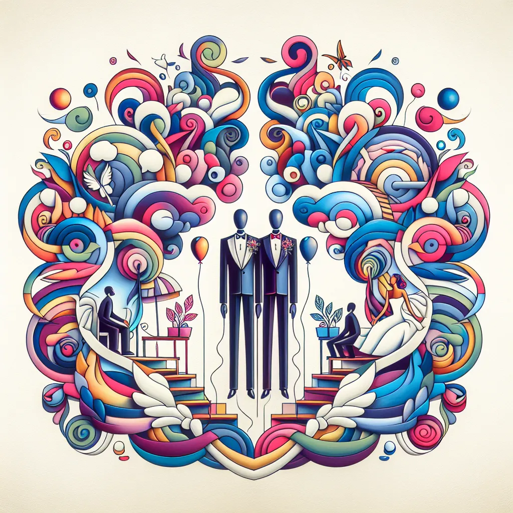 Wedding, Twins, Proxy, Adventure, Humor in an abstract style