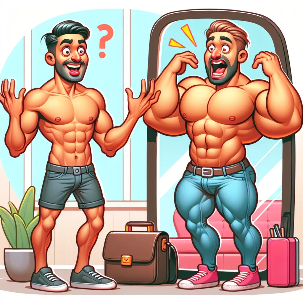 Descripción de la imagen: Ilustración humorística de dos personajes intercambiando cuerpos. Rafael Medina, en el cuerpo musculoso de Marco Valenzuela, se mira en un espejo con una expresión sorprendida y emocionada. Marco, en el cuerpo de Rafael, muestra una expresión de horror y confusión. El fondo tiene un estilo de escenario moderno y divertido, reflejando su situación peculiar.