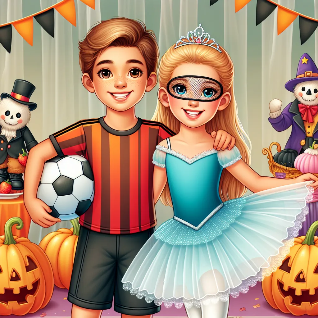 Illustration of a teenage boy and his sister, half-dressed as a soccer player and half as a ballerina, smiling together in a playful Halloween setting with pumpkins and festive decorations.