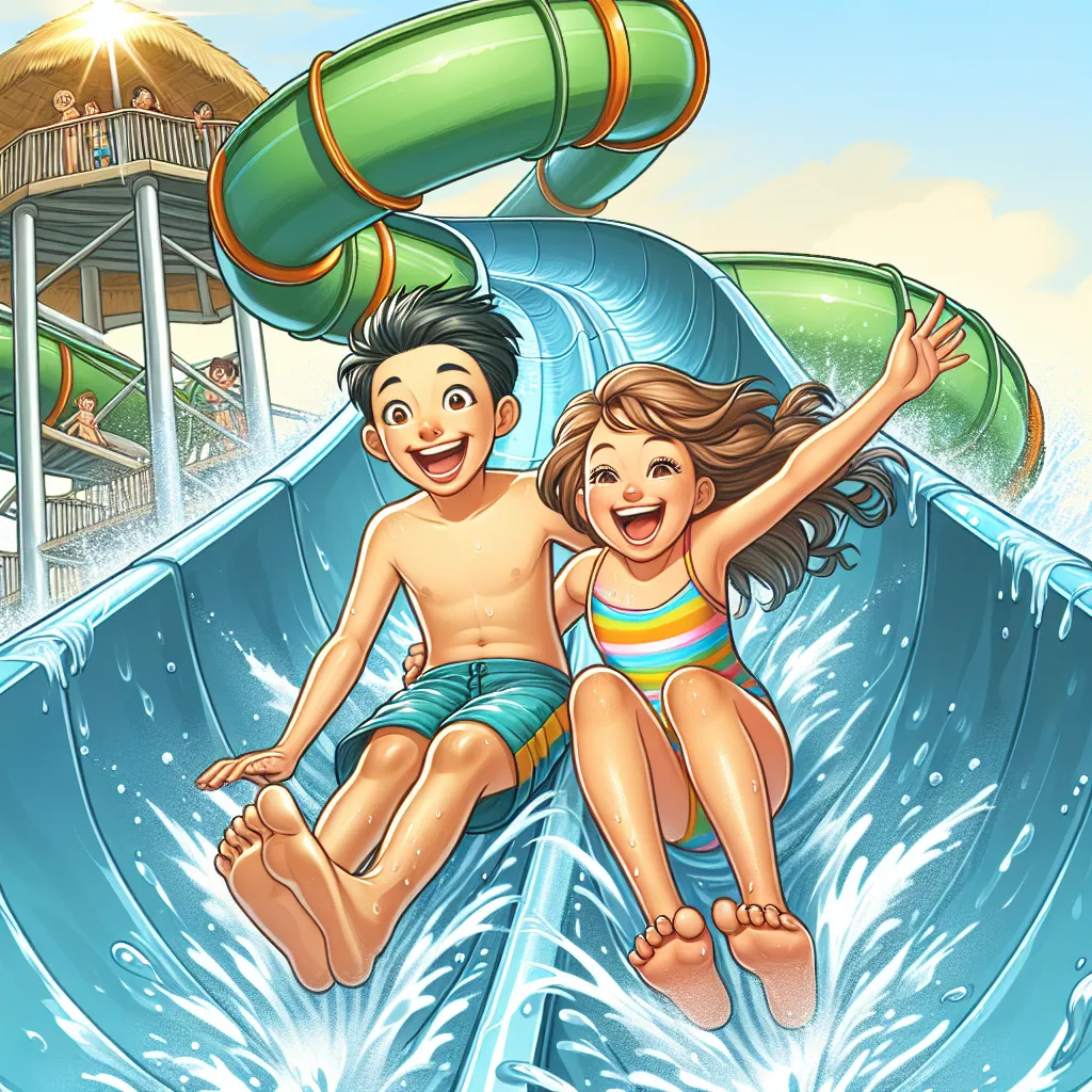 Illustration of a teenage boy and younger girl sliding down a water slide together, smiling and enjoying the ride.