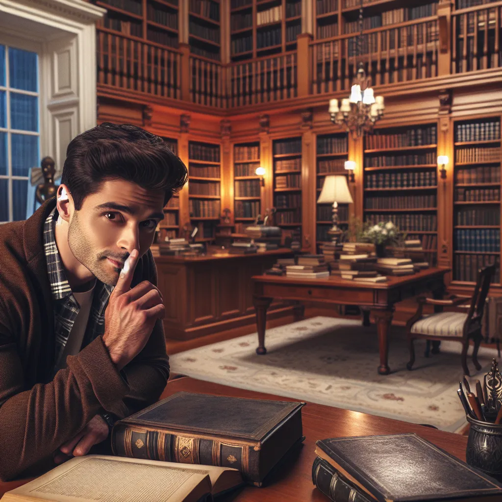 Imagen de un joven en una mansión espaciosa, con nostalgia en su mirada, estudiando libros de medicina en secreto en su elegante y luminosa habitación.