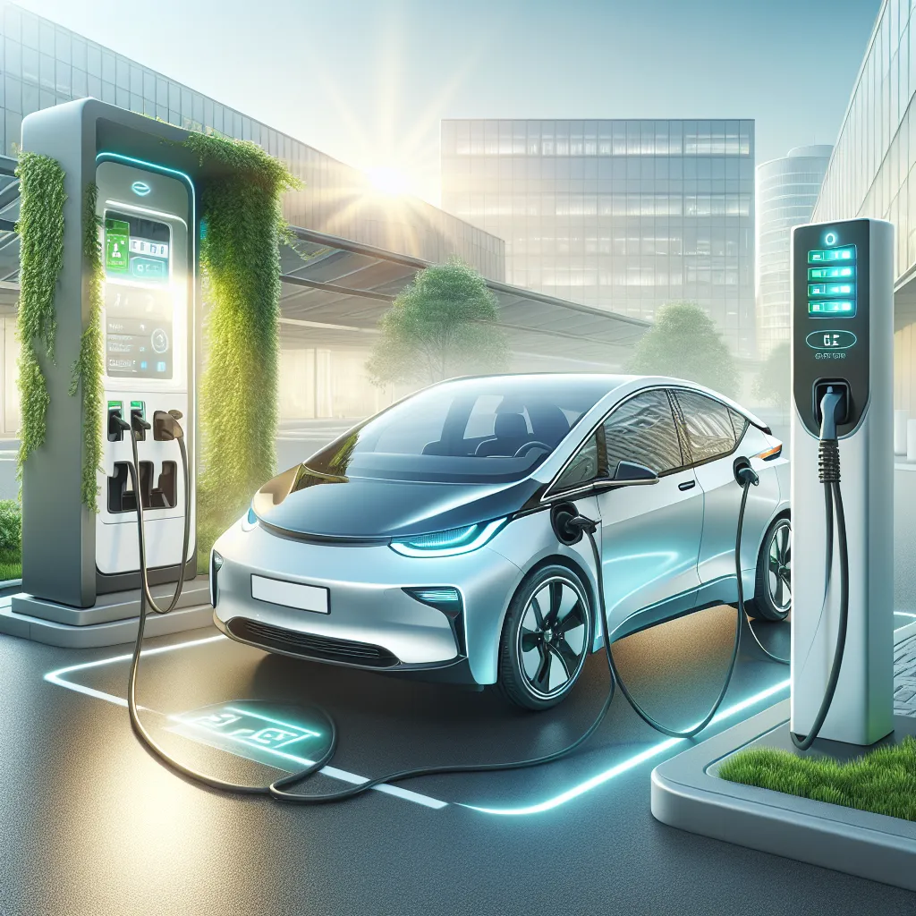 Image of an electric car parked next to a charging station, illustrating the use of electricity instead of combustible fuel.