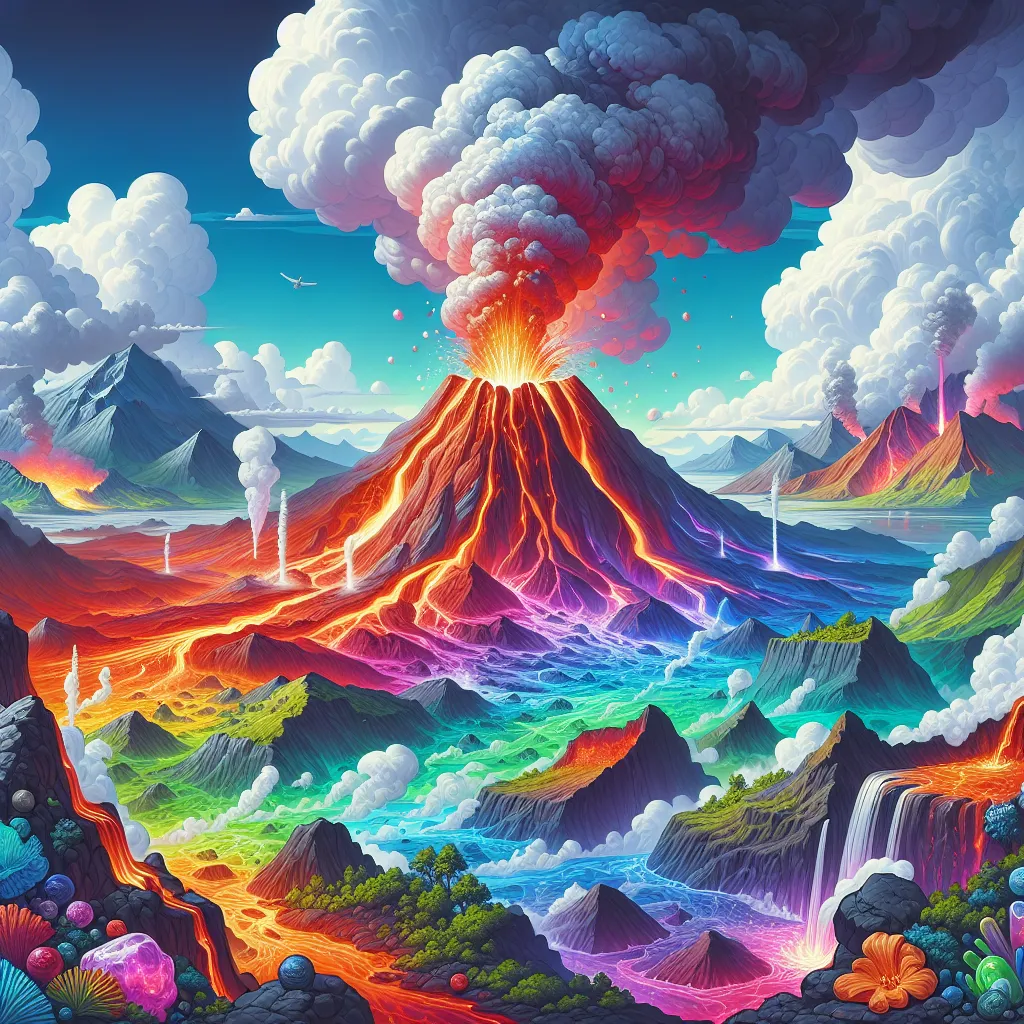 Illustration of a volcano erupting, showcasing molten lava and toxic gases, surrounded by a vibrant landscape with colorful minerals and smoke.
