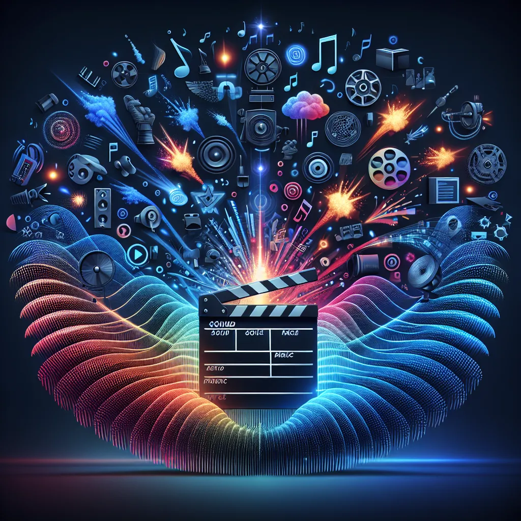 Graphic illustrating sound effects in video production, featuring a film clapperboard, sound waves, and various icons representing different sound elements like footsteps, explosions, and ambient noises.