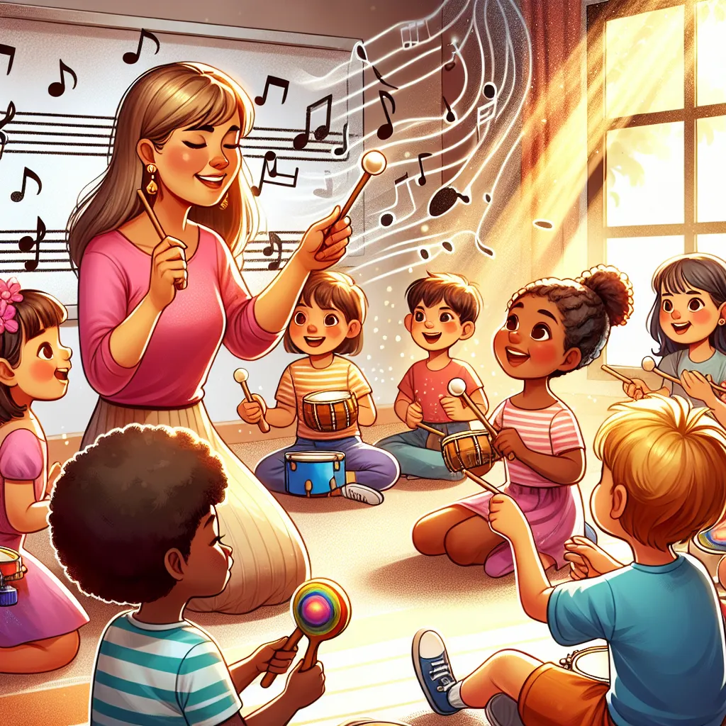 Illustration of a music teacher with grade R children, engaged in an interactive music lesson involving simple instruments and dance movements.