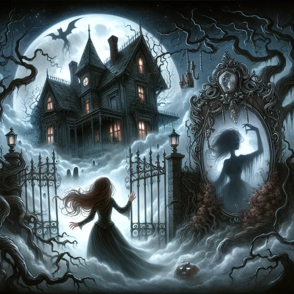 Illustration of a foggy Halloween night with a girl named Lily standing in front of the eerie, decrepit Marrow House. The moon casts a ghostly glow, illuminating the outlines of twisted trees and creeping fog. Inside the house, a shadowy ghost, resembling Madam Marrow, hovers by an ornate chandelier. The silver locket dangles from it, catching a glimmer of light. Lily’s expression is a mix of fear and determination as she reaches for the locket, symbolizing bravery in the face of the unknown.