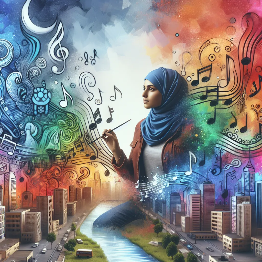 An artistic representation of a young artist in a vibrant urban setting, surrounded by musical notes and graffiti, capturing the essence of creativity and self-expression.