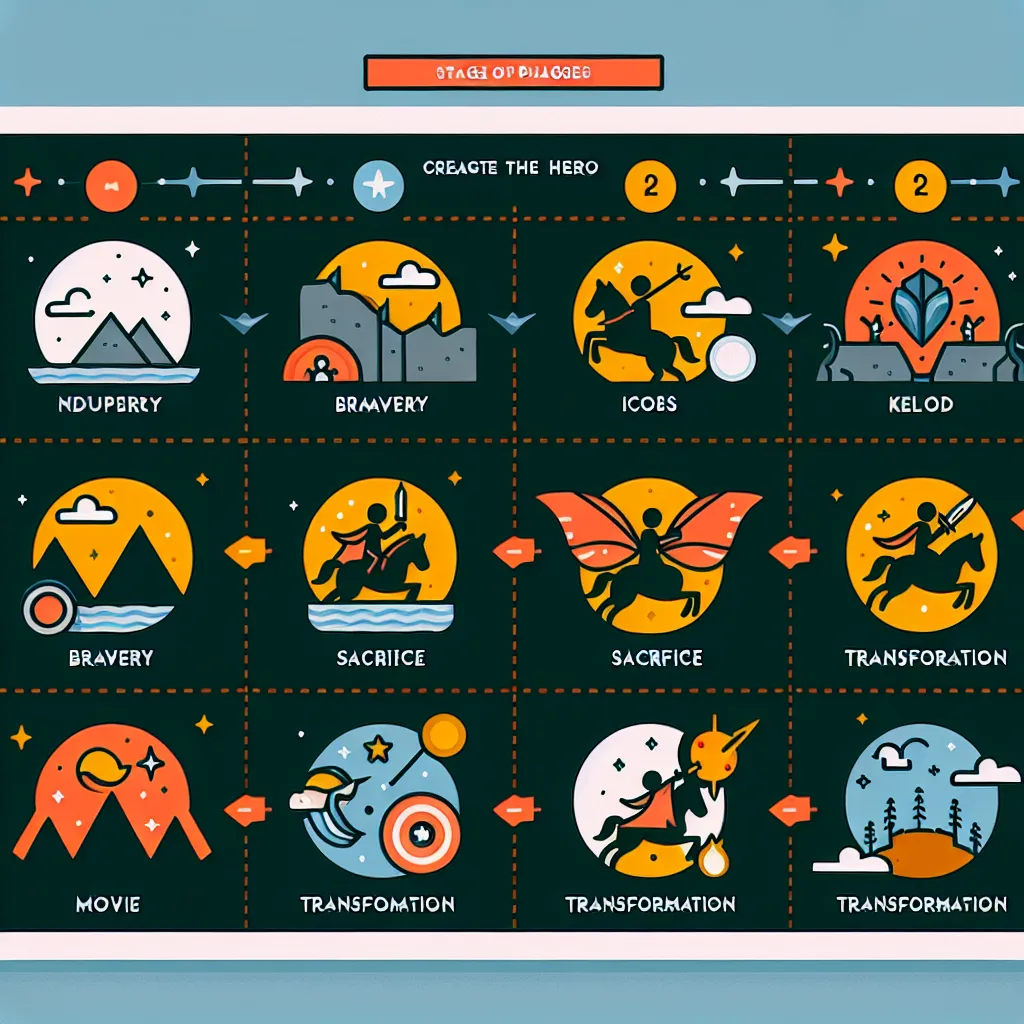 ### Image Descriptions

**(B) Hero's Journey Visualization**  
An illustrated graphic organizer showing the stages of the Hero's Journey, with examples from a popular movie. Each stage is depicted with icons and brief descriptions, highlighting attributes of various heroes like bravery, sacrifice, and transformation.

---

**(C) Anglo-Saxon Culture Illustration**  
A historical depiction of Anglo-Saxon warriors gathered in a large Mead Hall, showcasing their camaraderie and cultural values such 