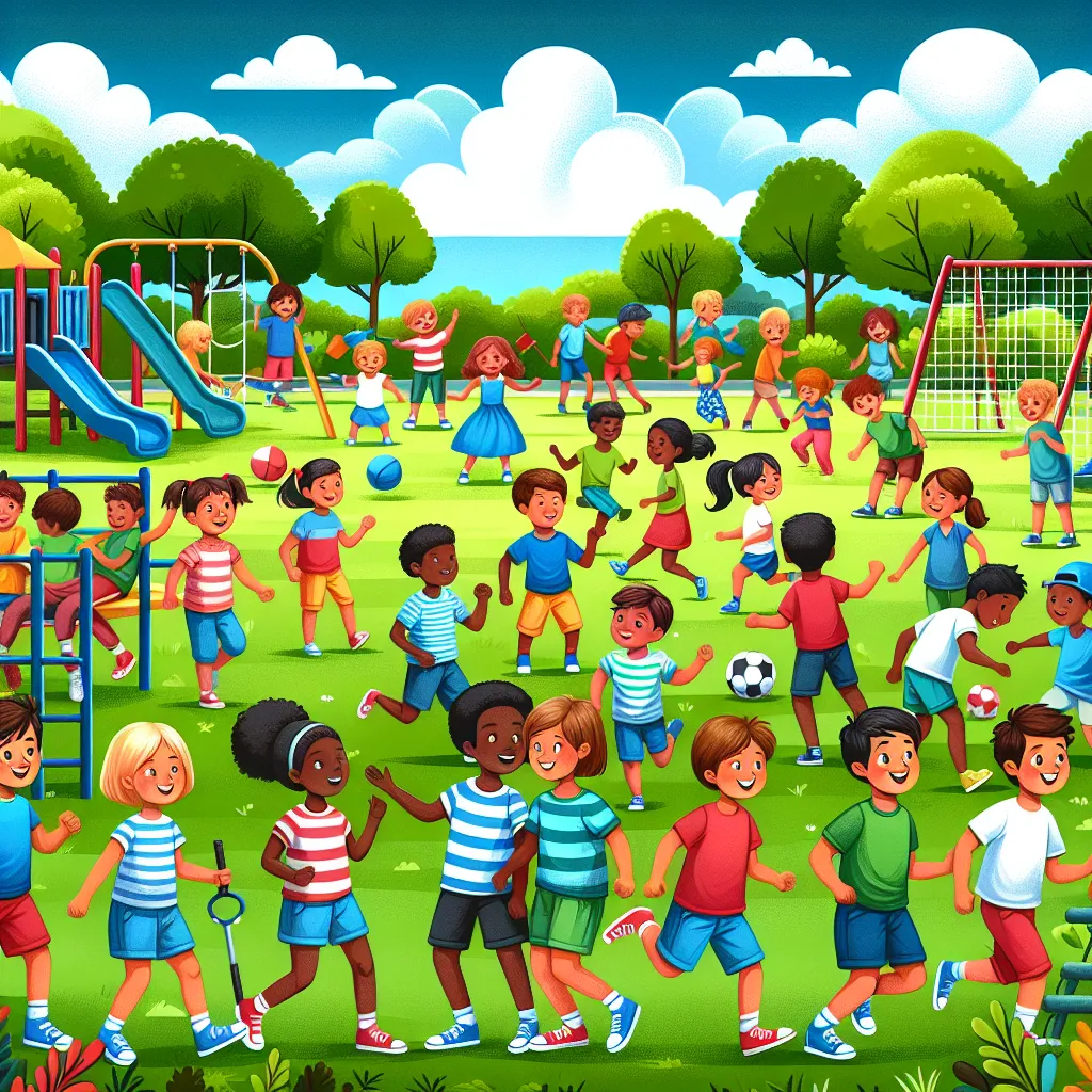 Illustration of children playing together in a park, showcasing both physical activities and social interactions.