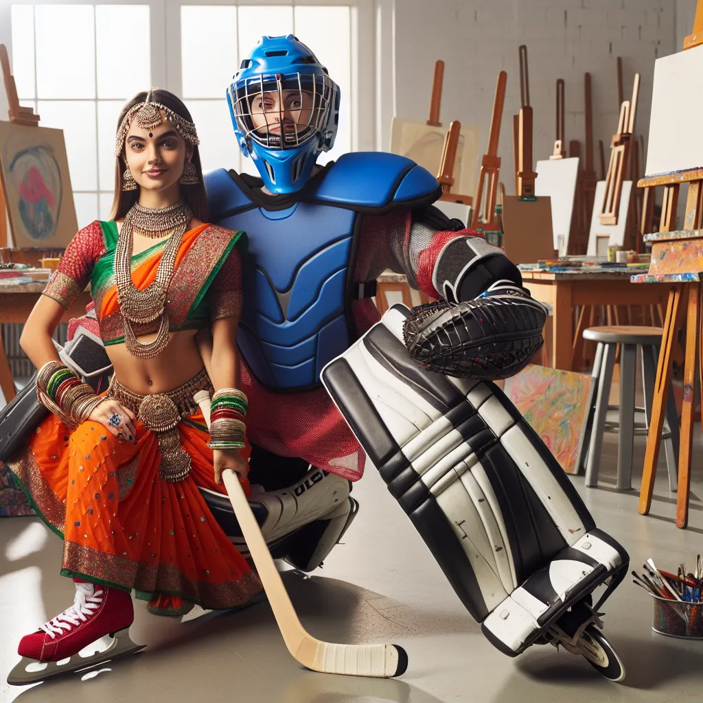 Photo of a college hockey player posing in a dance outfit for a fine arts class.