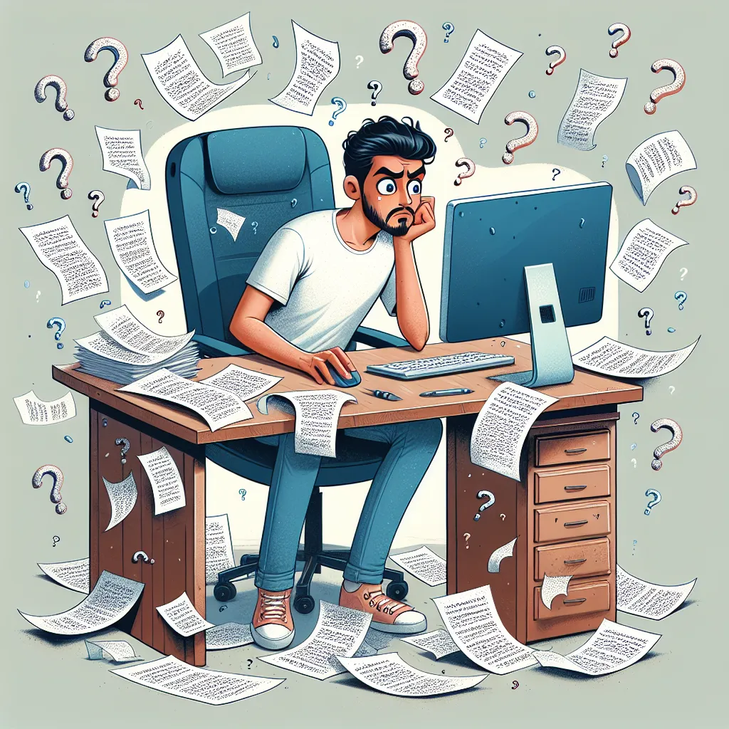 Illustration of a puzzled person sitting at a desk with a computer, surrounded by floating question marks and incomplete manuscripts.