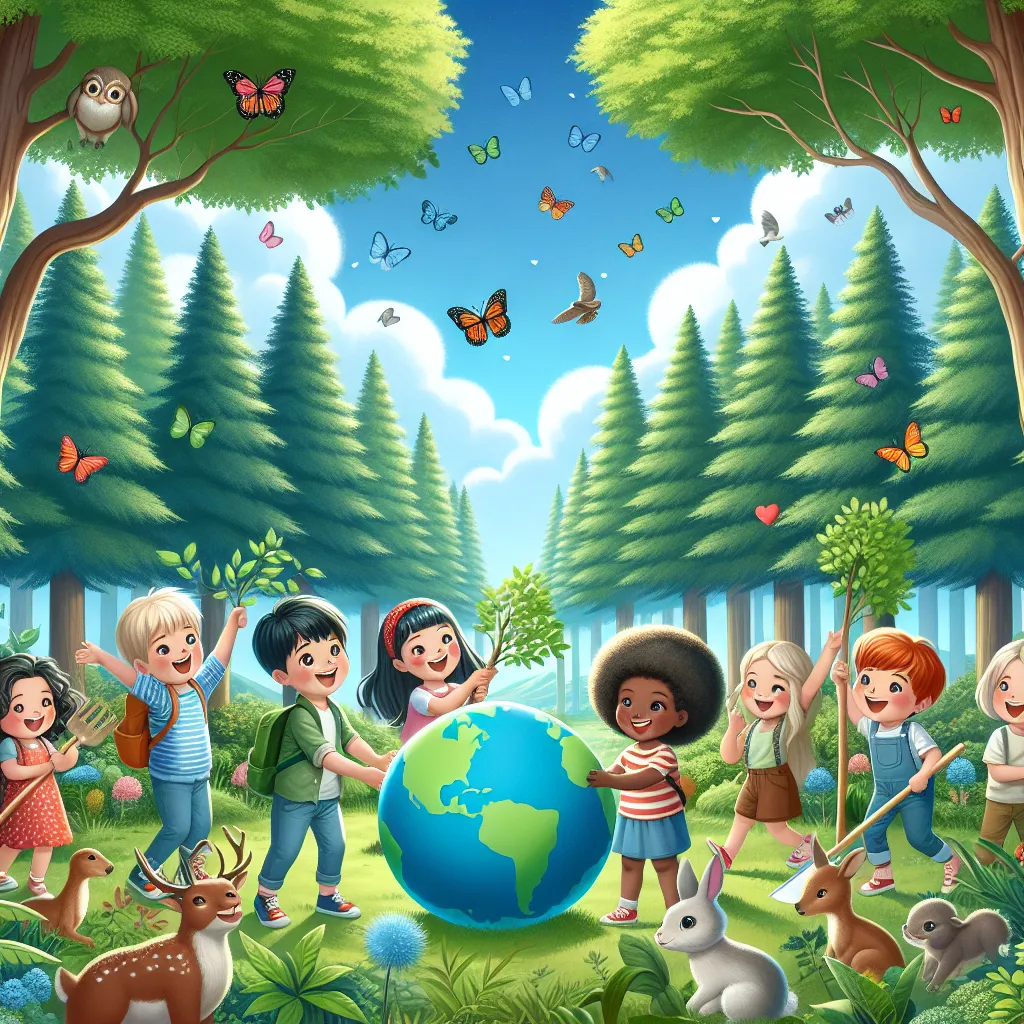 Imagery of a vibrant forest with children planting trees, a large globe surrounded by animals, and a clear blue sky with colorful butterflies. These elements emphasize the importance of environmental conservation, the connection between children and nature, and the joyful responsibility of caring for the Earth as highlighted in both poems.