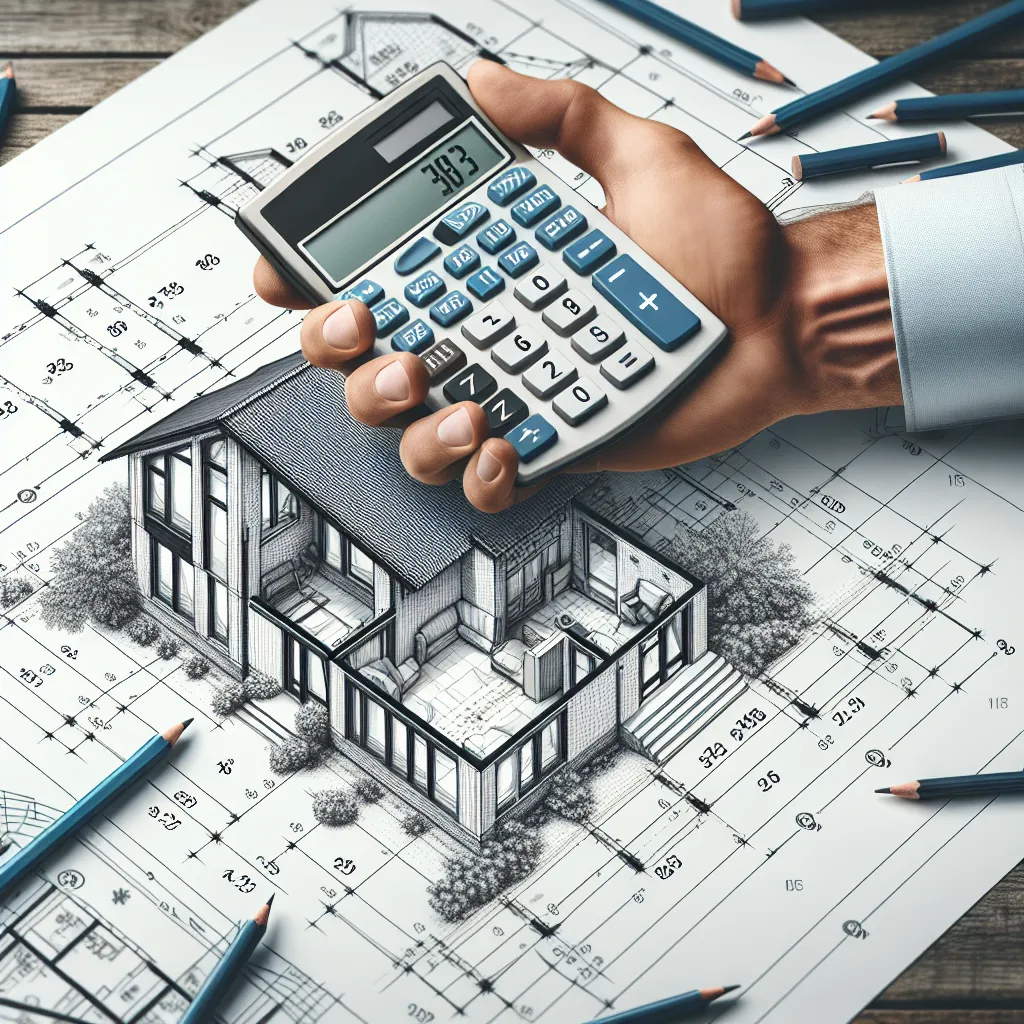 Illustration of a hand holding a calculator over a blueprint of a 5-room house with roof measurements displayed.