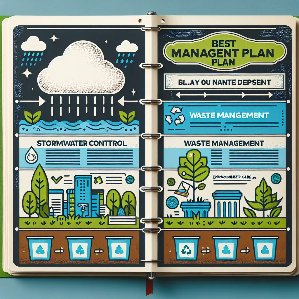 Image of a planner or document titled "Best Management Plan" with visual elements representing stormwater control, waste management, and environmental care.