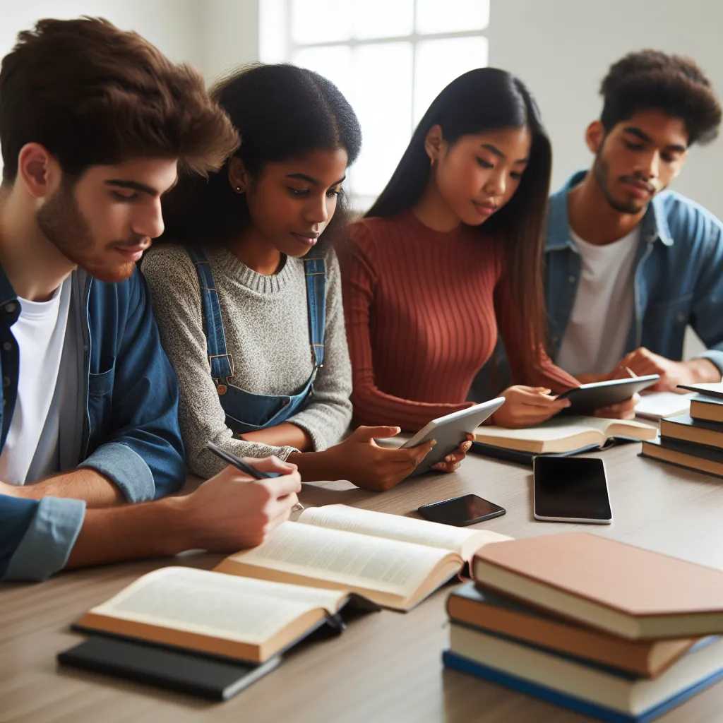 Image description: A group of diverse students sitting and discussing in a classroom with books and digital tablets on their desks, focusing attentively on their studies without any mobile phones in sight.