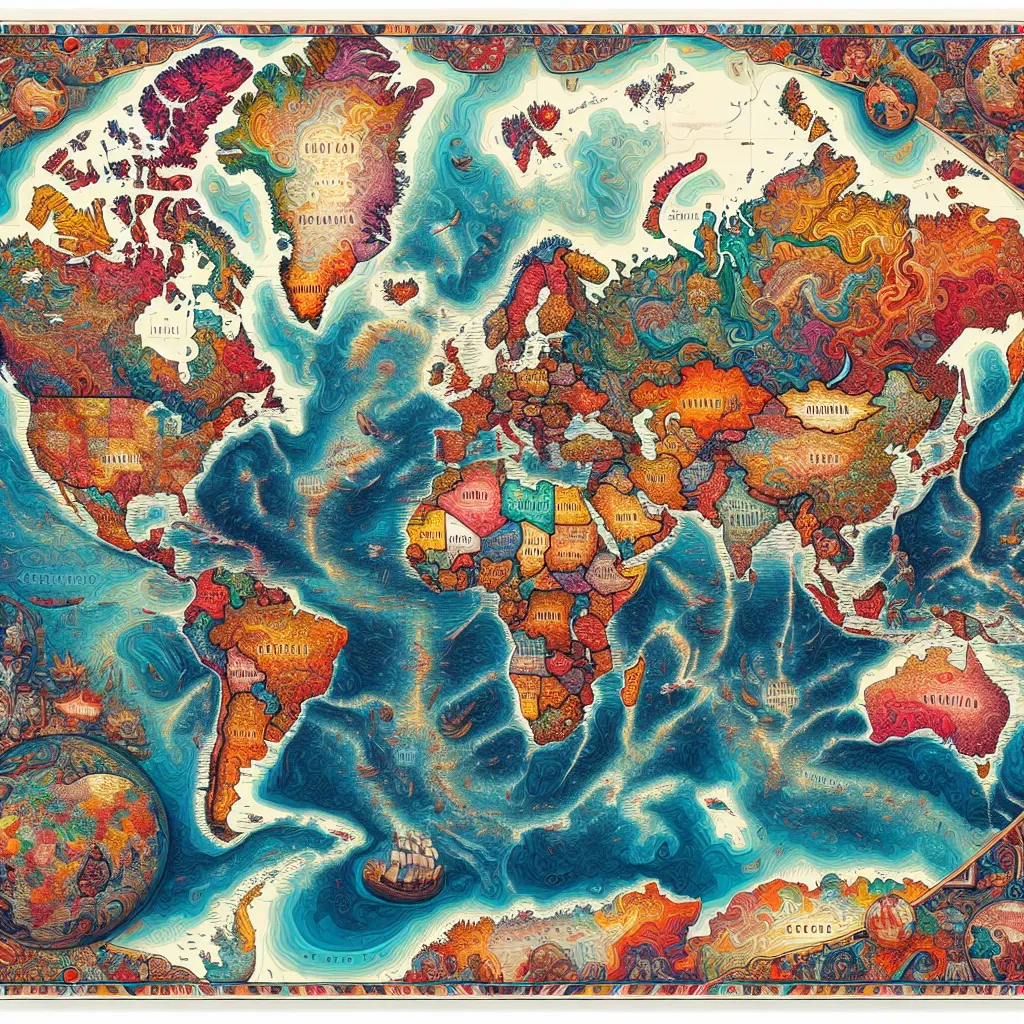 Detailed illustration of a world map showing continents, countries, and major oceans in vibrant colors.