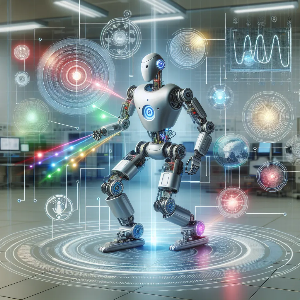 Illustration of a robot surrounded by sensors, interacting with its environment while controlling motors, with visual indicators of its responses.