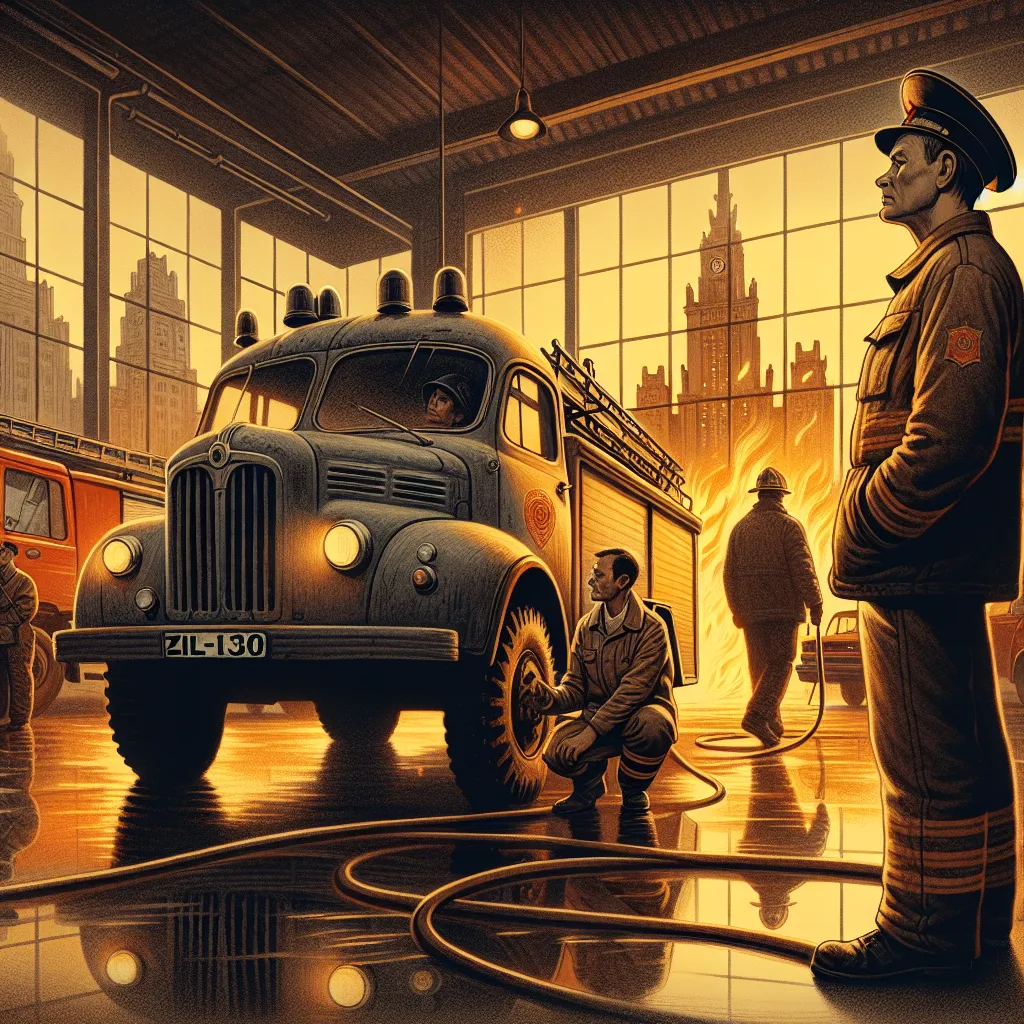Illustration of a nostalgic fire scene: a weathered ZIL-130 fire truck, dented but proud, stands in a sparse fire station. In the foreground, Alexey, a firefighter, gazes somberly at the truck, recalling memories of heroism as flames flicker in the background. Nearby, the fire brigade chief, Peter Pavel, holds a modern fire truck close by, symbolizing change. Warm, golden light illuminates the scene, showcasing camaraderie among firefighters as they reminisce about their loyal old truck.