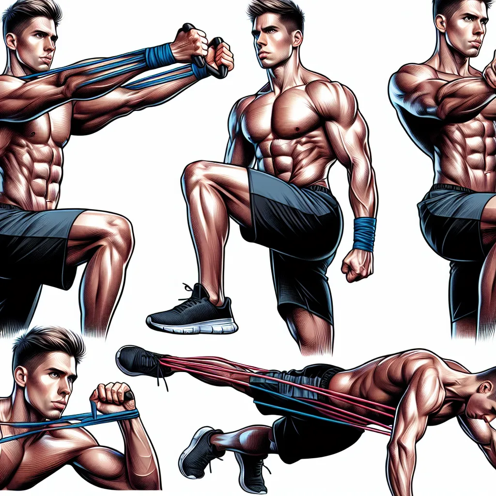 Illustration of a fitness trainer demonstrating various band exercises and calisthenics for targeted muscle groups.