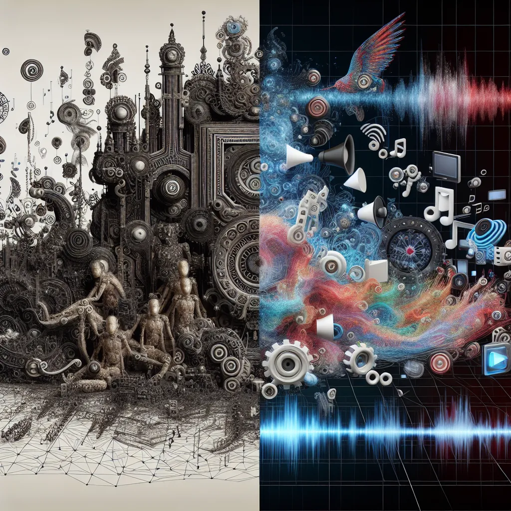 A split image illustrating the difference: one side showing complex computer graphics (like 3D models and animations) and the other side depicting multimedia elements (like video and audio clips) in a creative composition.