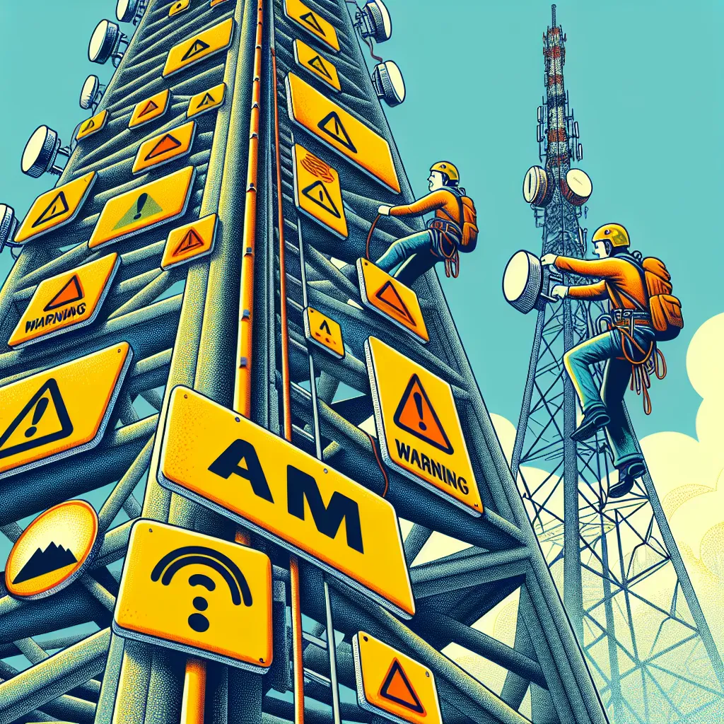 Illustration of a climber ascending a tall AM tower with warning signs, contrasting it with a safer-looking FM tower in the background.