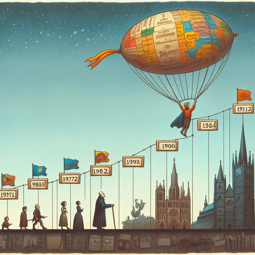 Illustration of a whimsical character inflating like a balloon, floating above a timeline marked with key events in a fantastical setting.