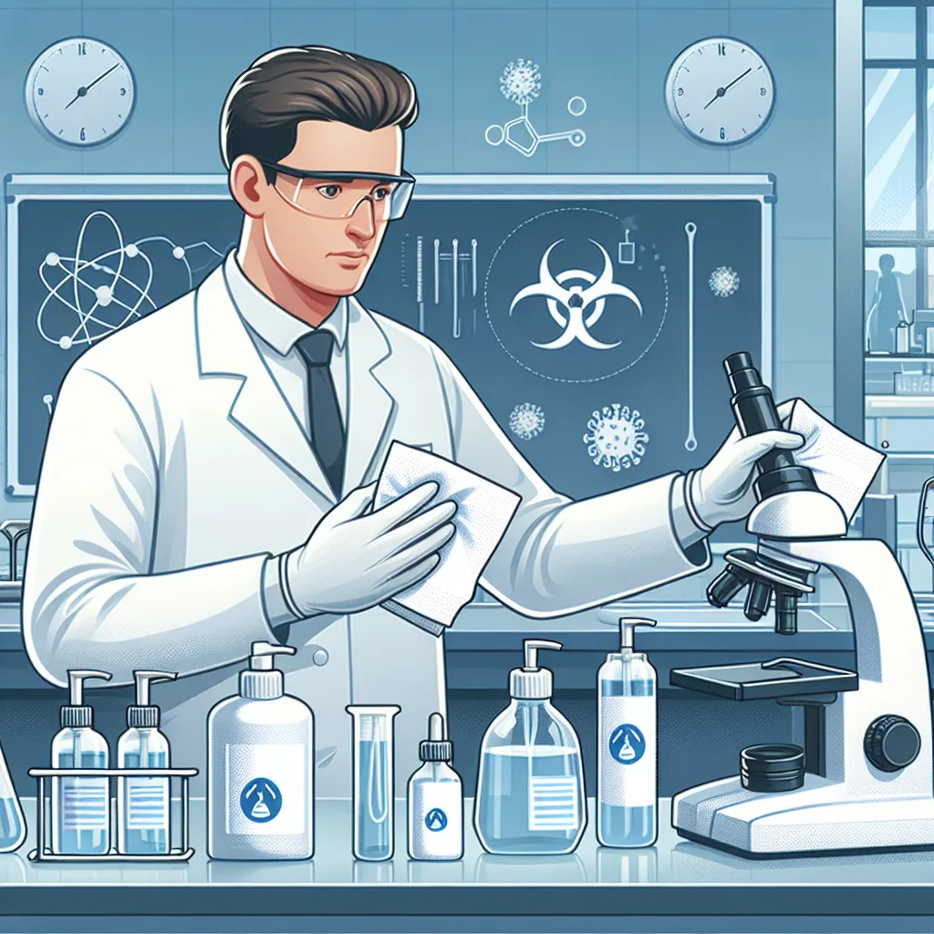 Illustration of a laboratory setting showcasing a person using disinfectant wipes on equipment, emphasizing cleanliness and sterility.